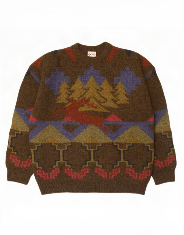 Fiume Herre Crew Neck Jumper Sweater IT 50 Medium Khaki Fair Isle Akryl