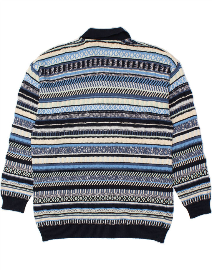 VINTAGE Mens Polo Neck Jumper Sweater Large Blue Striped