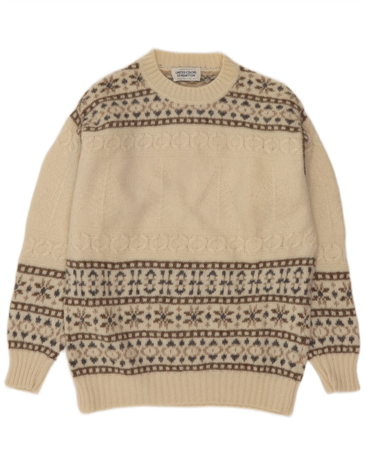 Benetton Mens Crew Neck Jumper Sweater Small Off White Fair Isle Wool