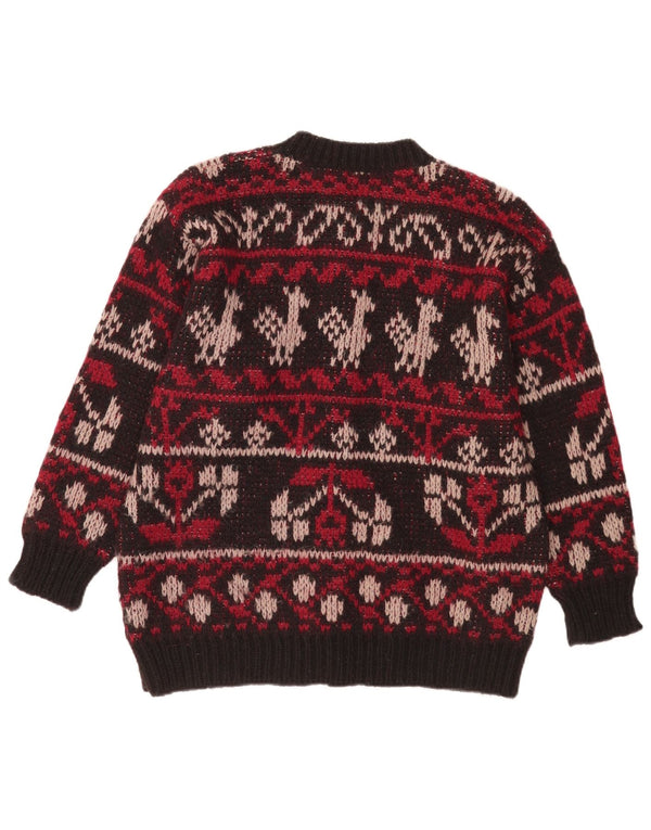 Vintage dame cardigan sweater UK 16 Large Burgundy Fair Isle Wool