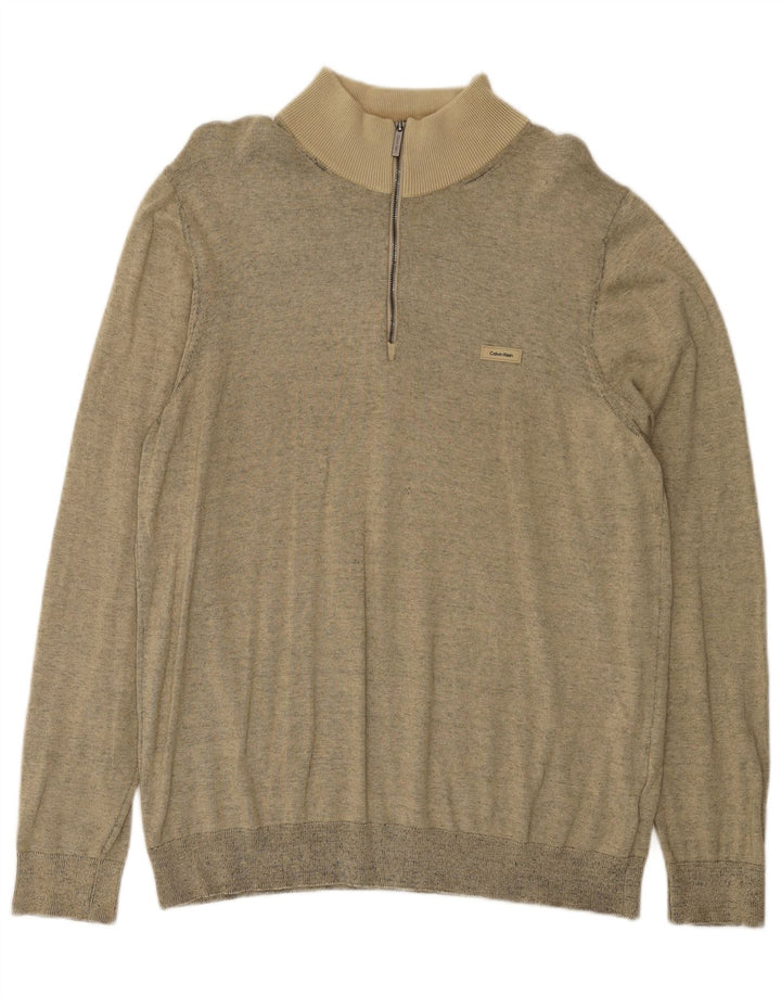Calvin Klein Mens Zip Neck Jumper Sweater Medium Beige Flecked Cotton