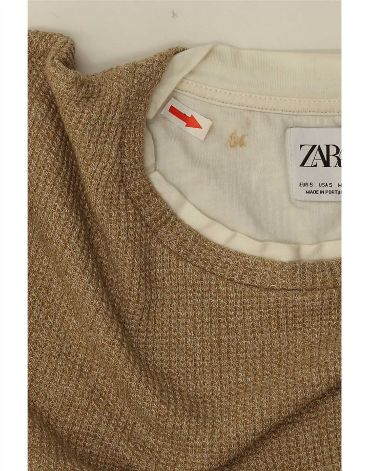 Zara Mens Top Long Sleeve Small Beige Cotton