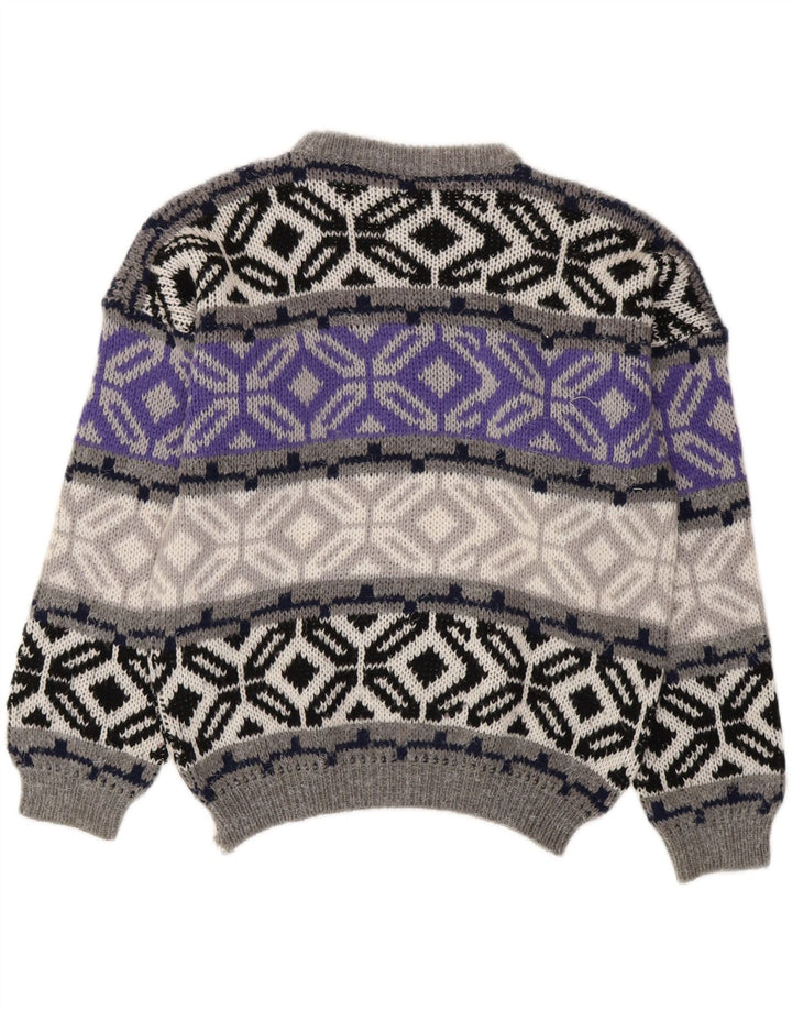 Vintage Mens Crew Neck Jumper Sweater Small Grey Fair Isle