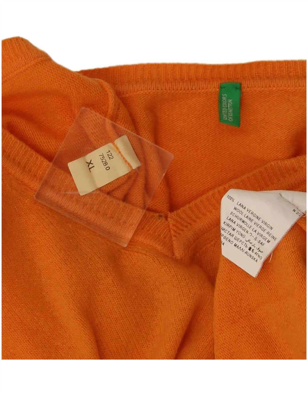 Benetton Mens V-Neck Jumper Sweater XL Orange Virgin Wool