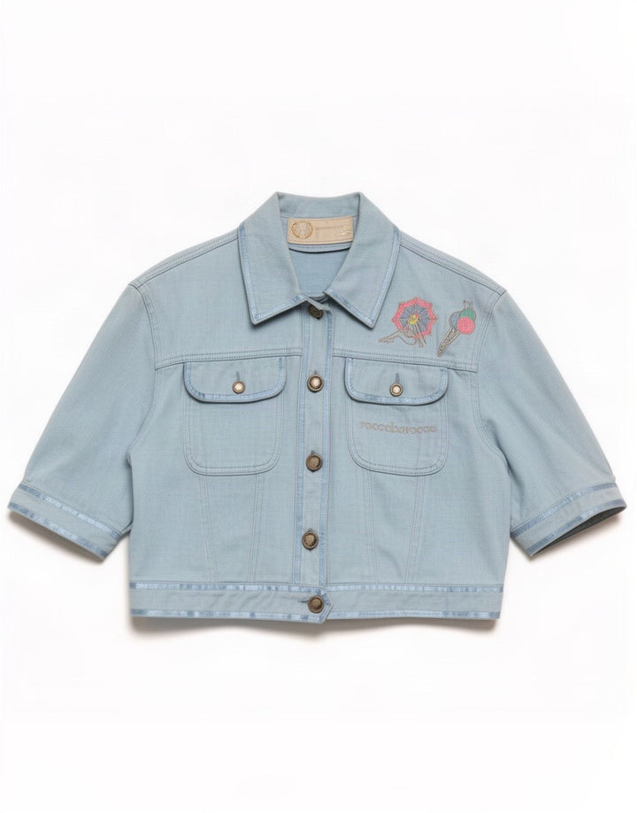 Roccobarocco Womens Crop Graphic Denim Jacket IT 44 Medium Blue