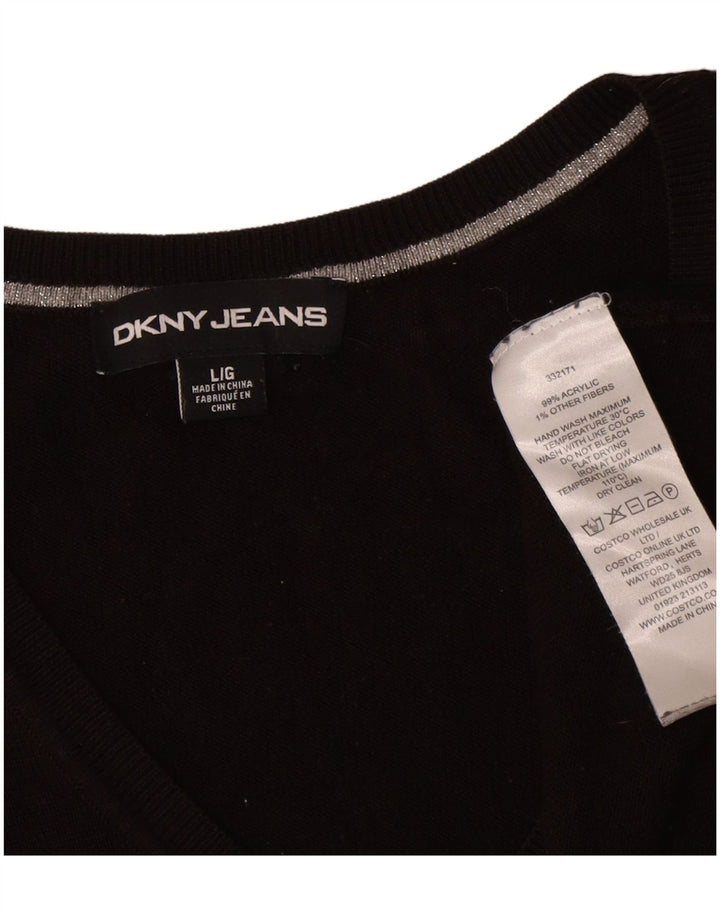 Dkny Womens Oversized Graphic V-Neck Jumper Sweater UK 16 Large Black
