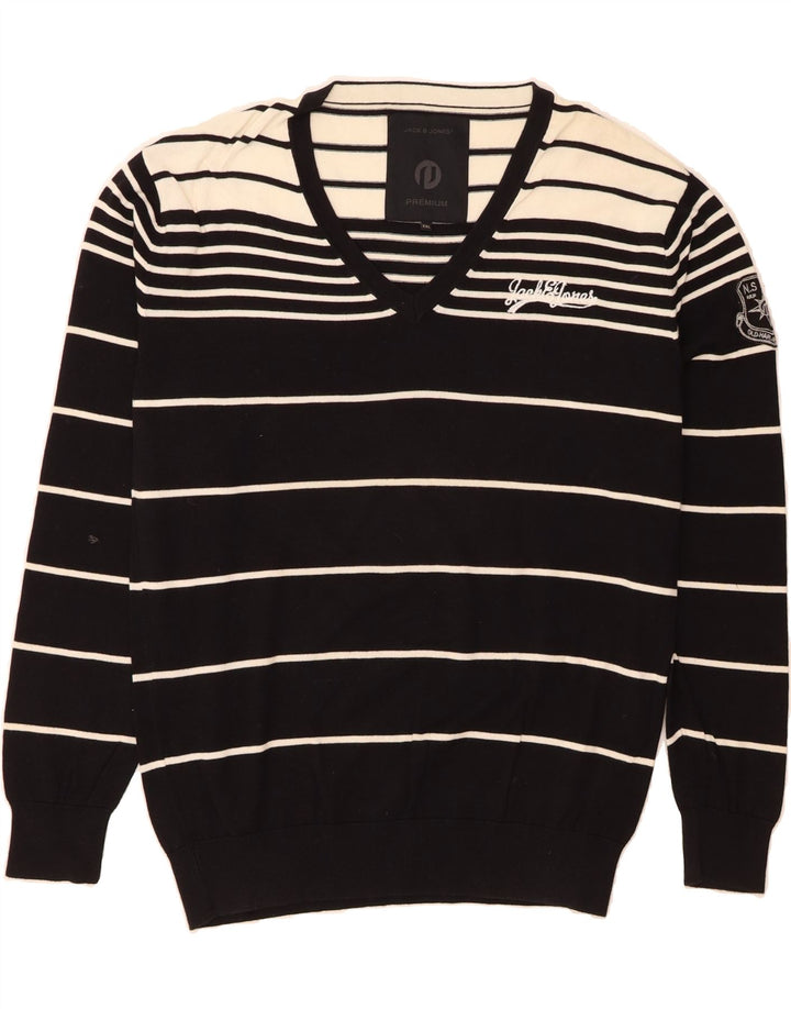 JACK & JONES Mens V-Neck Jumper Sweater 2XL Black Striped Cotton Vintage Jack & Jones and Second-Hand Jack & Jones from Messina Hembry 