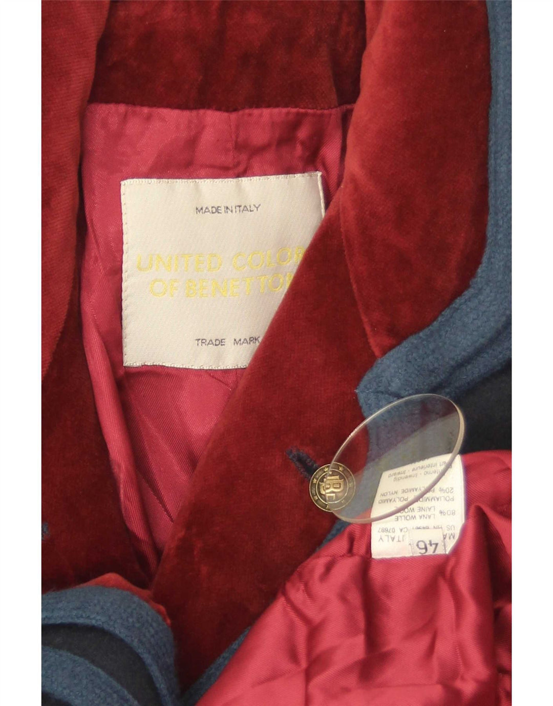 Jaqueta blazer feminina de 3 botões Benetton IT 46 grande lã azul marinho