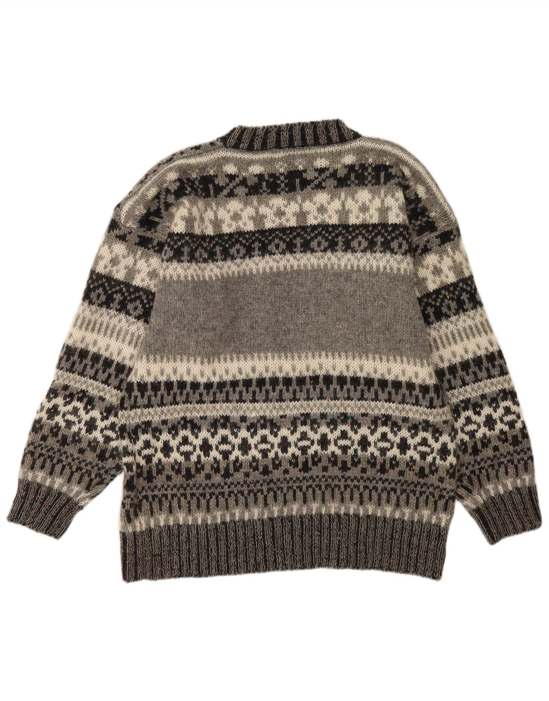 Vintage Mens Crew Neck Jumper Sweater Large Grey Fair Isle Polyacrylic