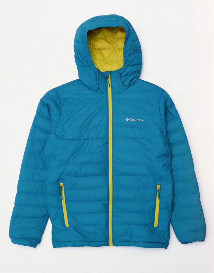 Columbia Jaqueta masculina acolchoada com capuz UK 38 poliéster azul médio