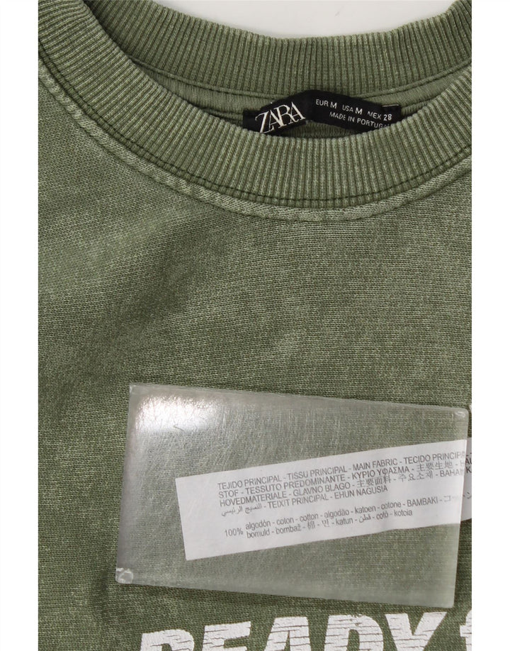 Zara Womens Graphic Sweatshirt Jumper UK 14 Medium Green Cotton