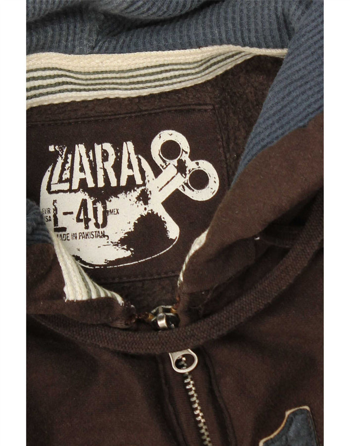 Zara Mens Graphic Zip Hoodie Sweater EU 40 Medium Brown