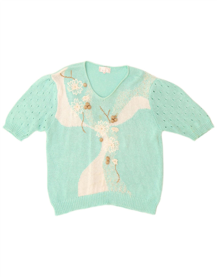Vintage Womens V-Neck Jumper Sweater IT 44 Medium Turquoise Polyacrylic