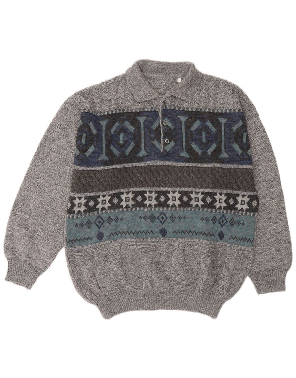 vintage Mens Polo Neck Jumper Pull Grande Laine Géométrique Grise