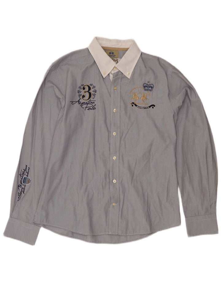 La Martina Mens Graphic Shirt Medium Blue Pinstripe Cotton