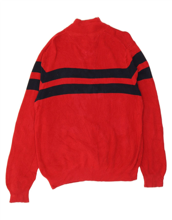 TOMMY HILFIGER Mens Zip Neck Jumper Sweater Small Red Colourblock Cotton Vintage Tommy Hilfiger and Second-Hand Tommy Hilfiger from Messina Hembry 
