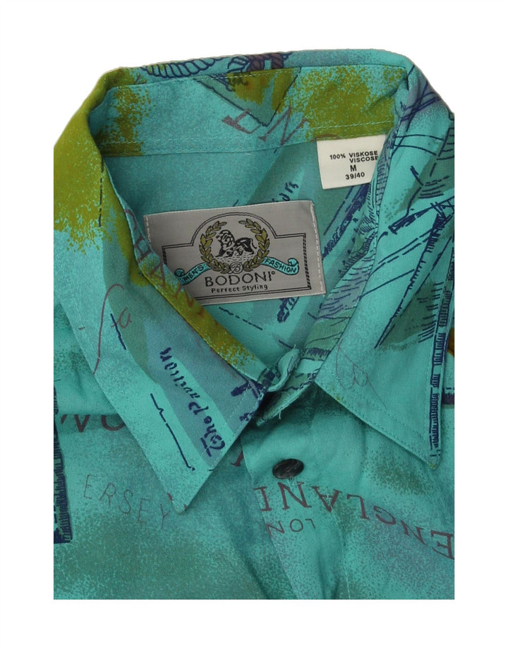 BODONI Mens Graphic Short Sleeve Shirt Size 39/40 Medium Blue Viscose Vintage Bodoni and Second-Hand Bodoni from Messina Hembry 