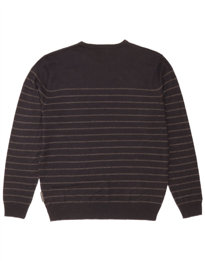 French Connection Mens Crew Neck Jumper Sweater Large Black Striped Acrylic
