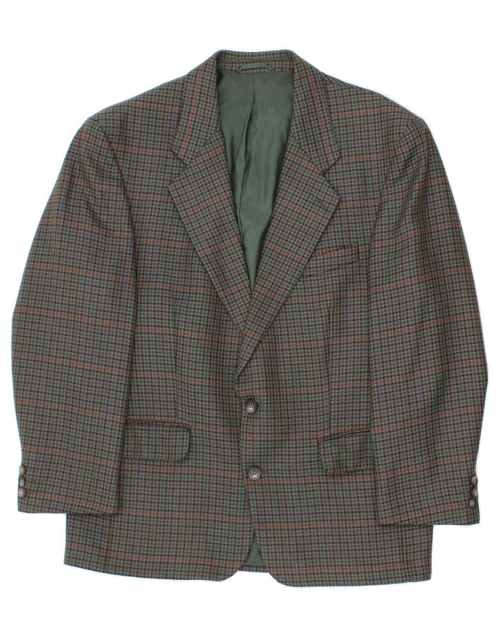 SCOTT Mens 2 Button 3/4 Sleeve Blazer Jacket UK 40 Large Green Houndstooth Vintage Scott and Second-Hand Scott from Messina Hembry 
