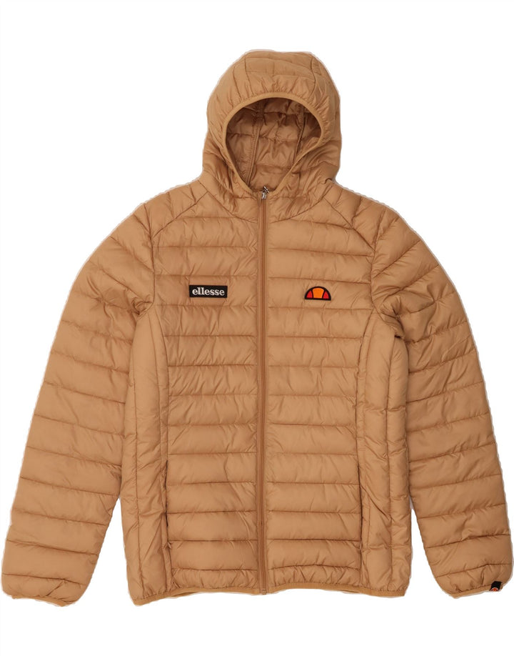 ELLESSE Womens Hooded Padded Jacket UK 14 Large Beige Polyester Vintage Ellesse and Second-Hand Ellesse from Messina Hembry 