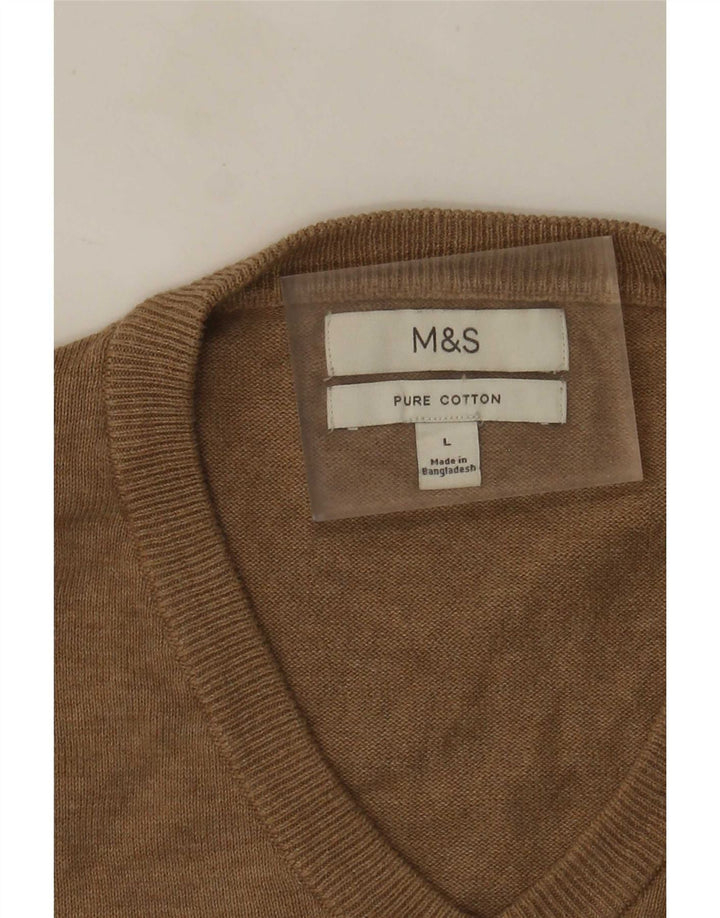 Marks & Spencer Mens V-Neck Jumper Sweater Large Brown Cotton