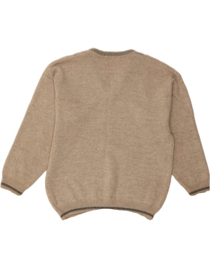 VINTAGE Mens V-Neck Jumper Sweater Medium Beige Striped Acrylic Vintage Vintage and Second-Hand Vintage from Messina Hembry 