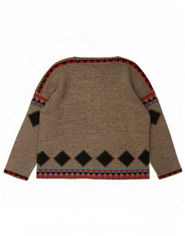 Jungle Kenzo Womens Boat Neck Jumper Sweater Size 3 Medium Brown Geometric