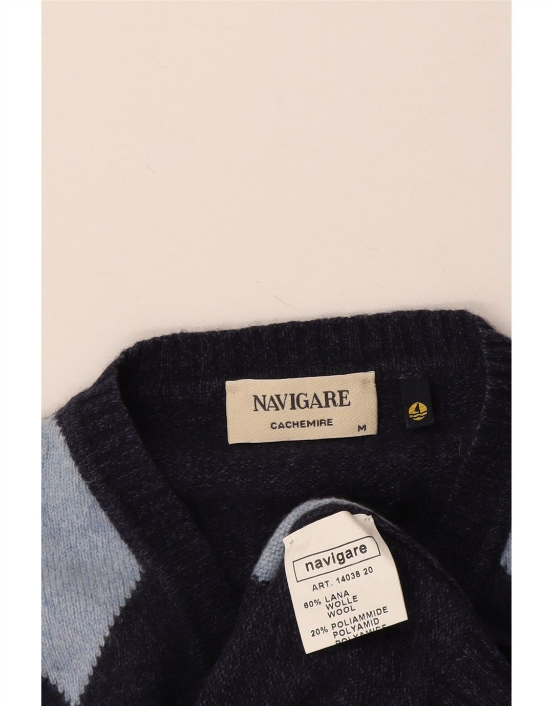 Navigare Mens V-Neck Jumper Sweater Medium Navy Blue Argyle/Diamond Wool