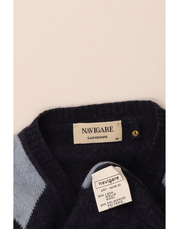 Navigare Mens V-Neck Jumper Sweater Medium Navy Blue Argyle/Diamond Wool