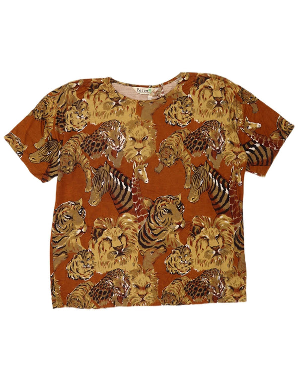 Vintage Damen T-Shirt Top UK 16 Große braune Viskose mit Animal-Print