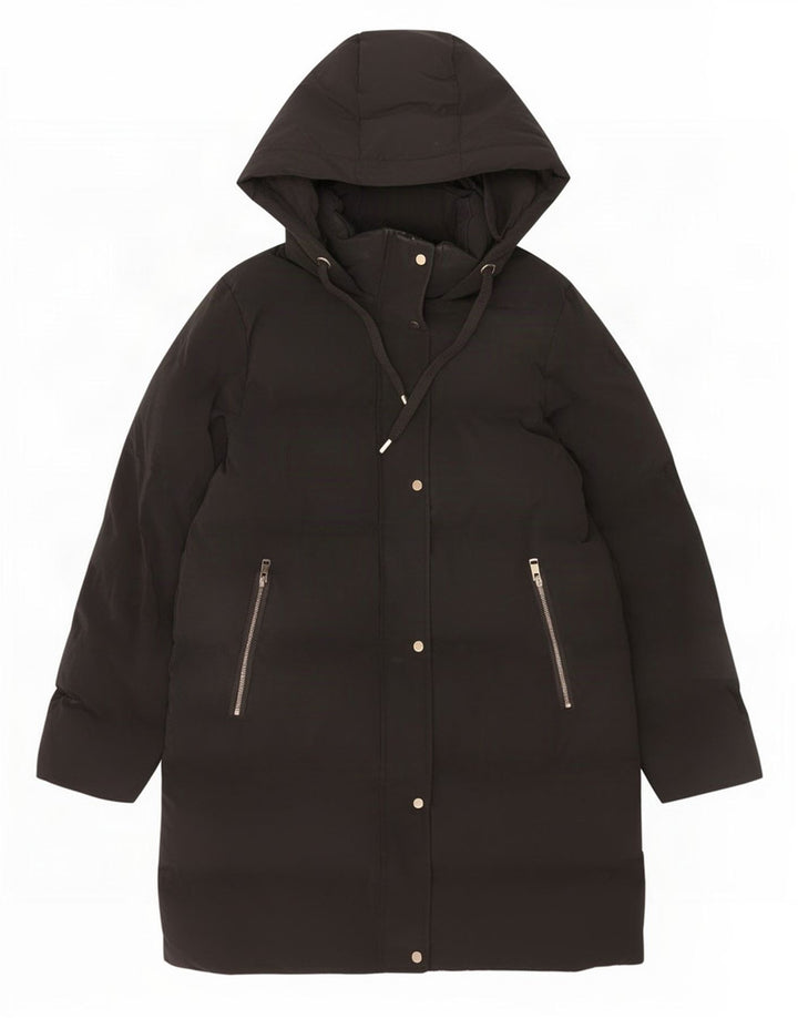 Casaco acolchoado com capuz feminino Zara UK 14 poliéster preto médio