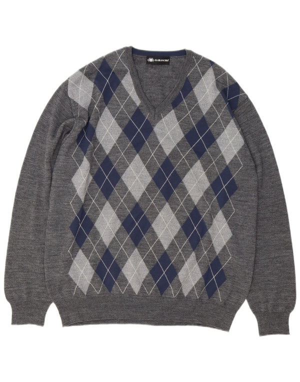 Il Granchio Mens V-Neck Jumper Sweater Large Grey Argyle/Diamond Wool