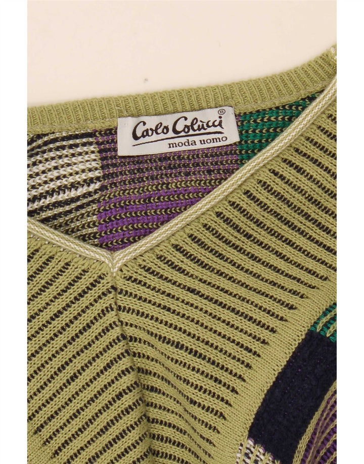 Carlo Colucci Mens V-Neck Jumper Sweater Medium Green Geometric