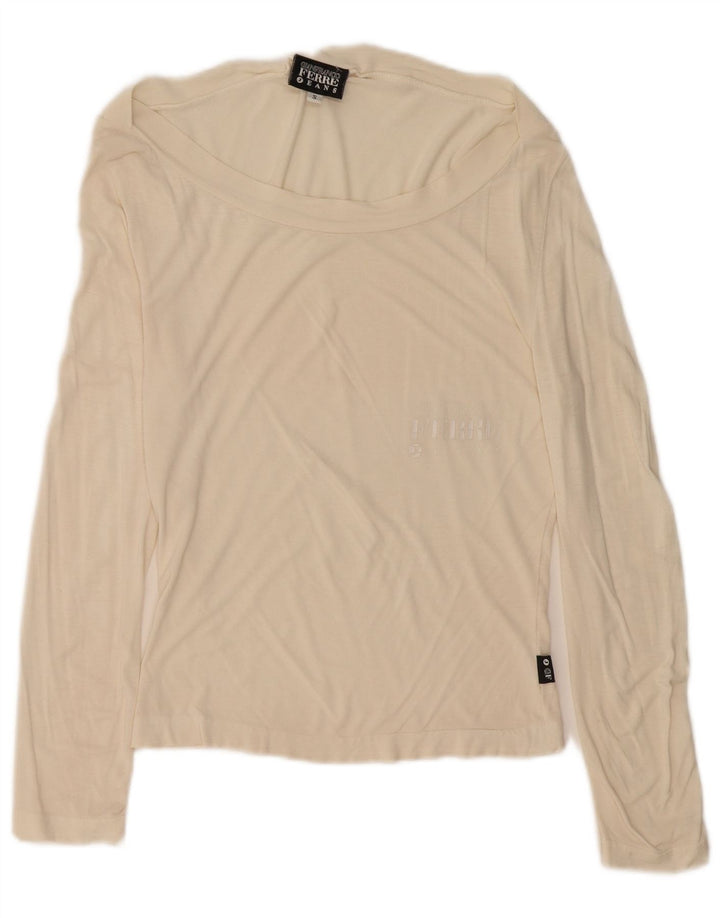 Gianfranco Ferre Top grafico da donna manica lunga UK 10 piccolo bianco sporco