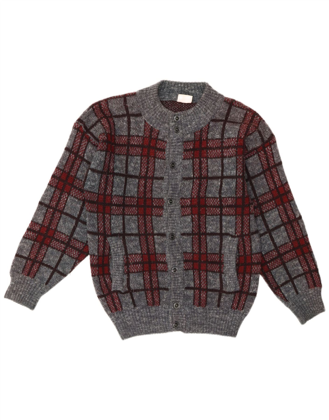 Vintage Mens Cardigan Sweater Medium Grey Plaid Acrylic