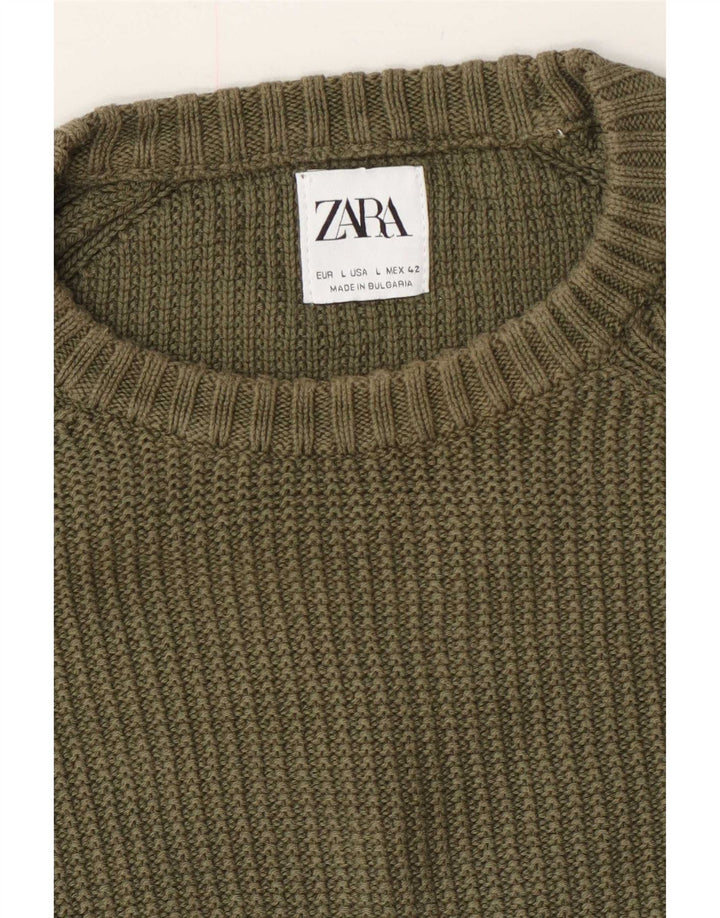 Zara Mens Crew Neck Jumper Sweater Large Khaki