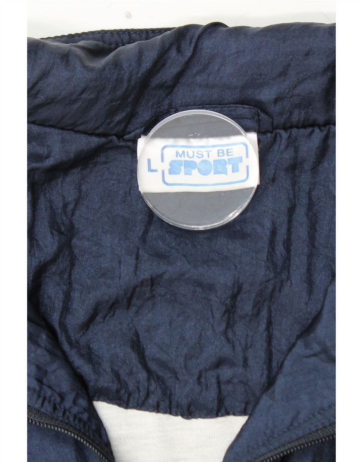 VINTAGE Mens Tracksuit Top Jacket Large Navy Blue Colourblock Polyamide