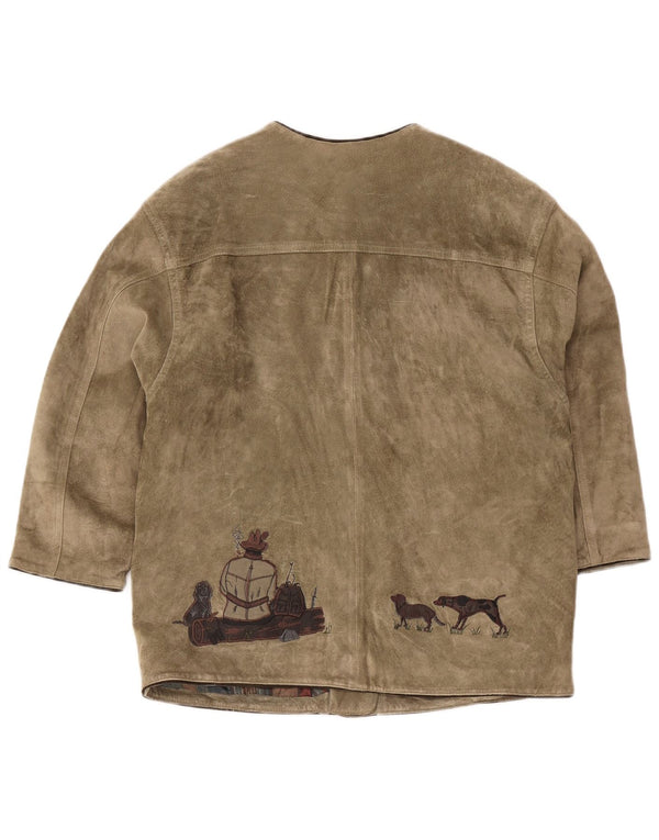 Vintage Mens Hunting Graphic Suede Jacket EU 42 Large Khaki Animal Print