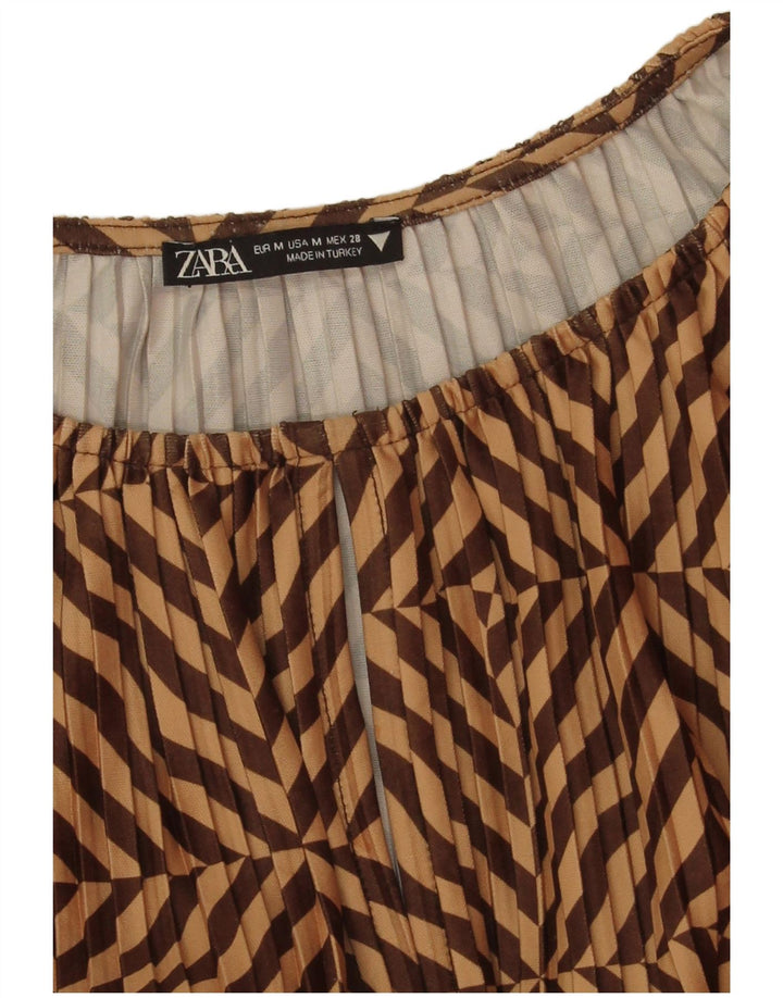 Zara Womens Long Sleeve A-Line Dress UK 14 Medium Brown Striped Polyester