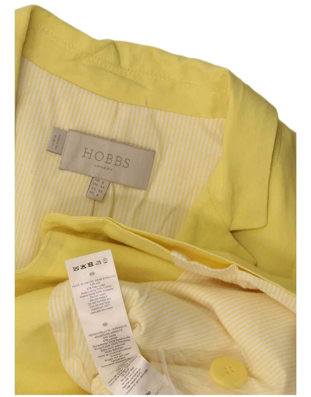 Hobbs Veste Blazer 1 Bouton Femme UK 8 Petite Soie Jaune