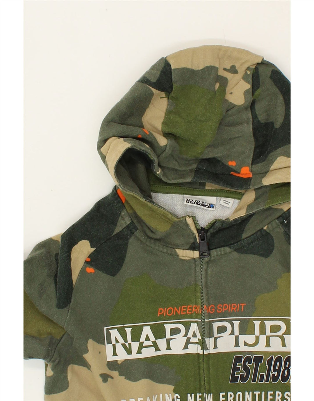 NAPAPIJRI Boys Graphic Zip Hoodie Sweater 11-12 Years Green Camouflage Vintage Napapijri and Second-Hand Napapijri from Messina Hembry 