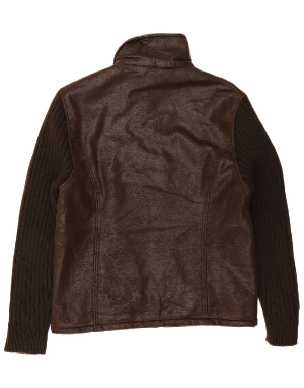Vintage Mens Faux Leather Jacket UK 36 Small Brown Colourblock Polyester