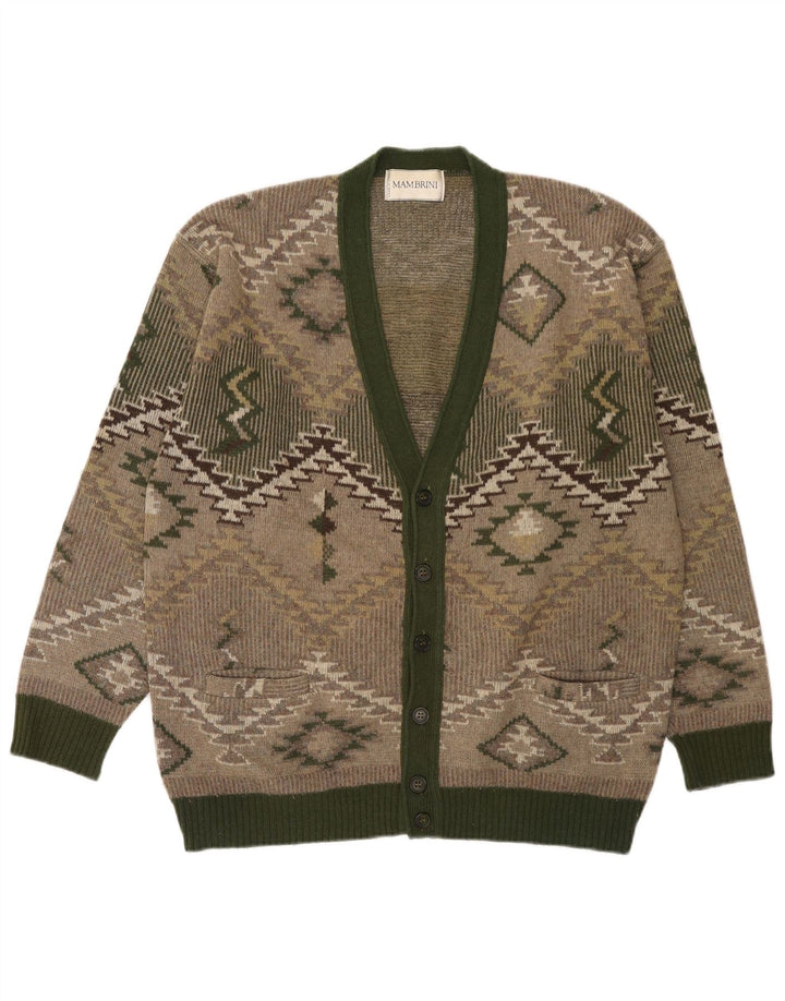 Vintage Mens Cardigan Sweater Large Green Geometric Wool
