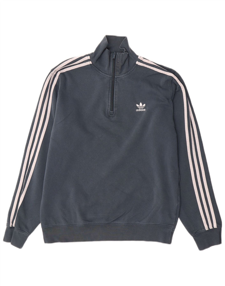 Adidas Herren-Sweatshirt mit Reißverschluss am Hals, mittelgraue Baumwolle