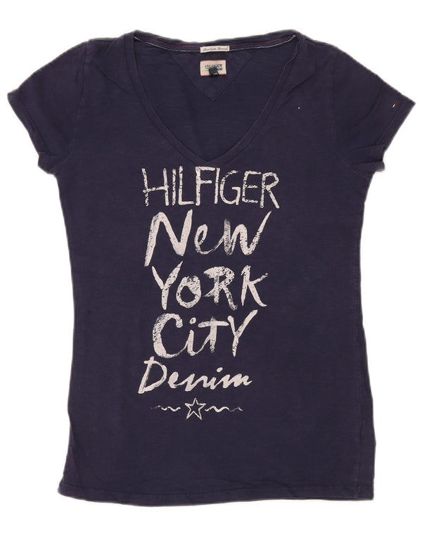 T-shirt grafica da donna Tommy Hilfiger Top UK 10 Small Blu Navy Cotone