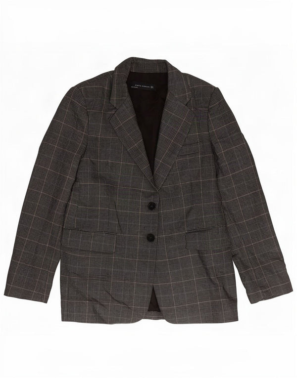 Jaqueta blazer feminina Zara com 2 botões UK 10 poliéster cinza houndstooth pequeno