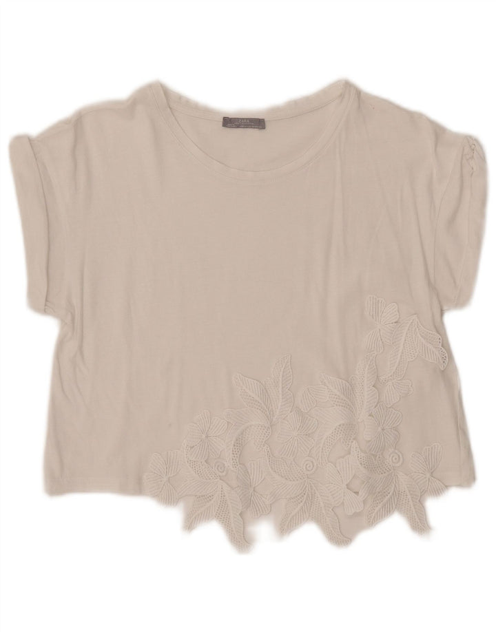 Zara Womens Crop Blouse Top UK 12 Medium White Floral
