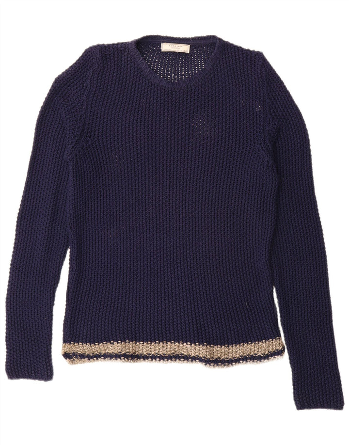 Zara Mens Crew Neck Jumper Sweater Large Navy Blue Colourblock