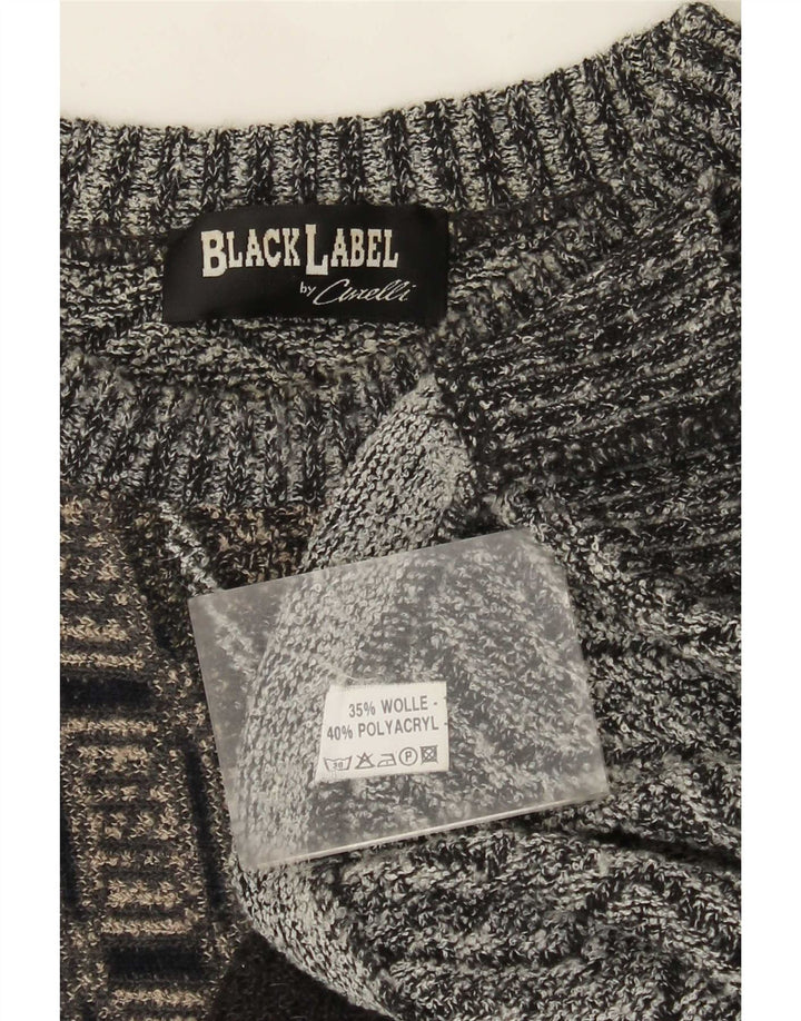 Suéter vintage masculino com gola redonda XL cinza patchwork lã de alpaca