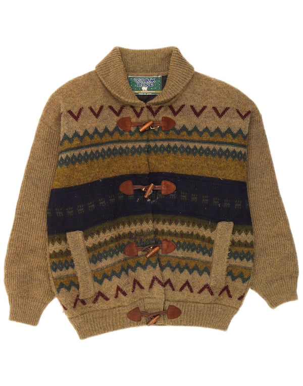 vintage Mens Cardigan Pull Moyen Kaki Laine Géométrique